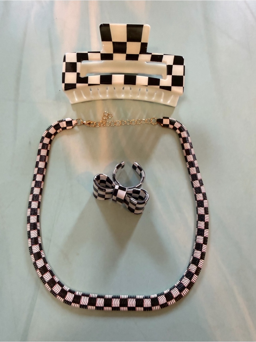Women’s Black & White Check Necklace, Ring and Hair Clip Set - brand new!
